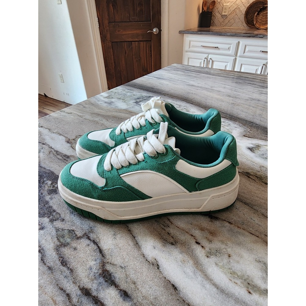 Zara Womens Platform Sneakers Green White Canvas Chunky Low Top 5456/210/202 37